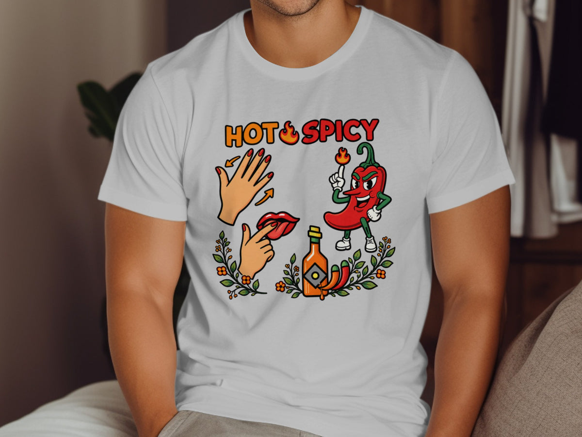 "Hot & Spicy" text above cartoon chili pepper, lips, hands, and hot sauce bottle.