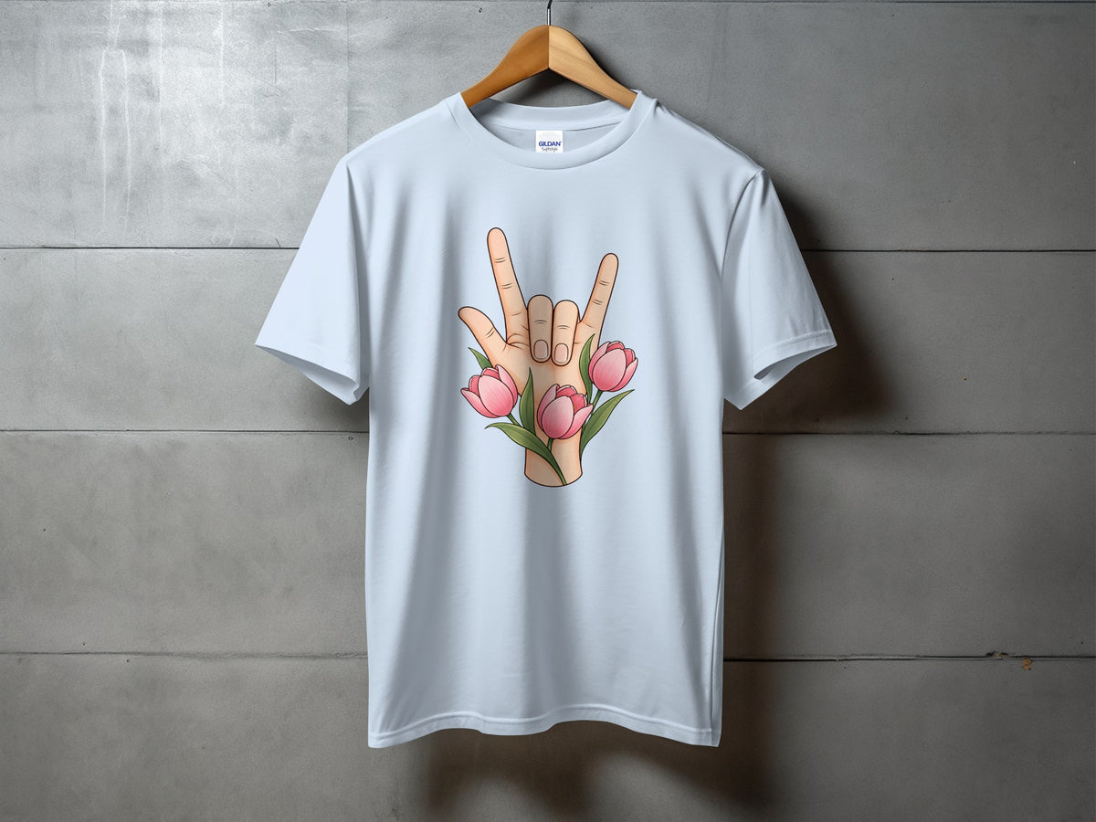Light blue t-shirt with a graphic of a hand forming a rock-on sign with tulips.