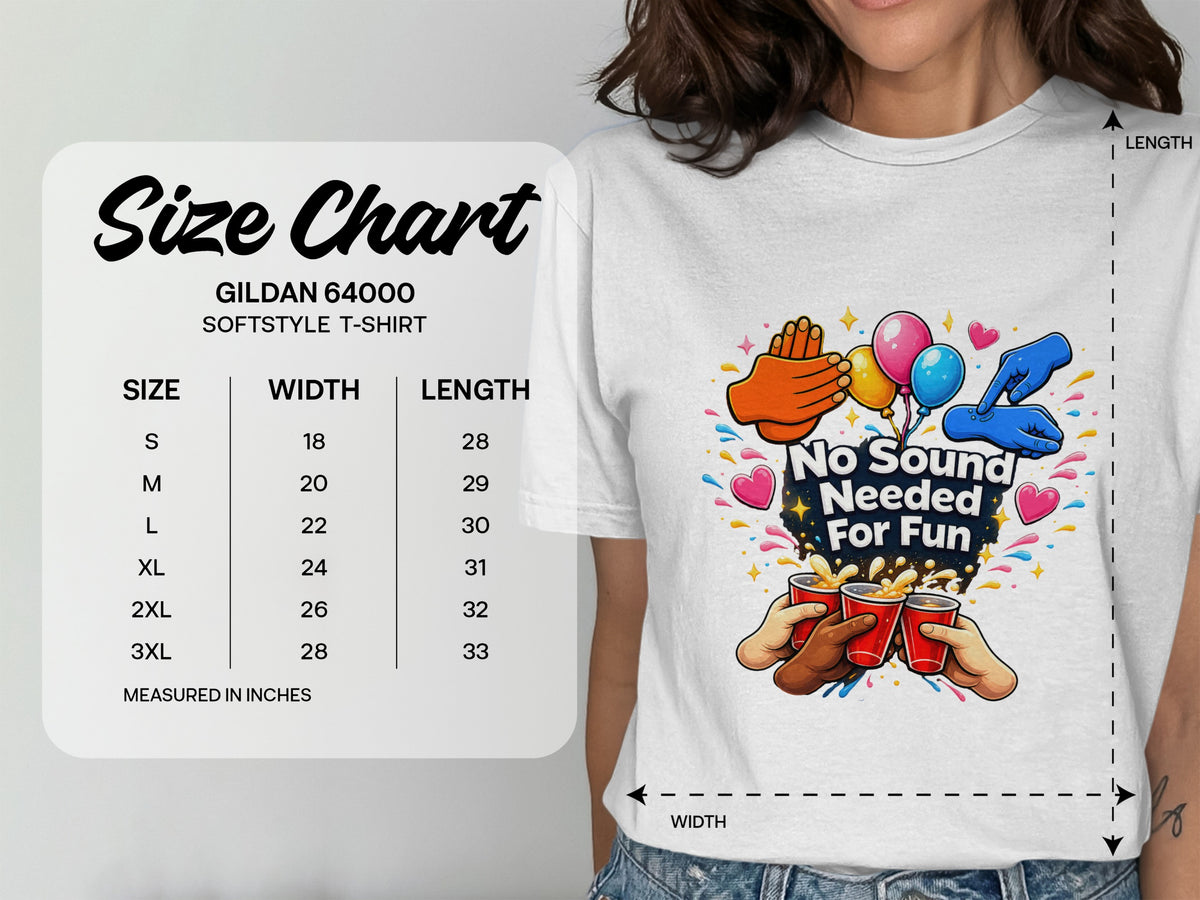 Gildan 64000 Softstyle T-shirt size chart with width and length measurements in inches.