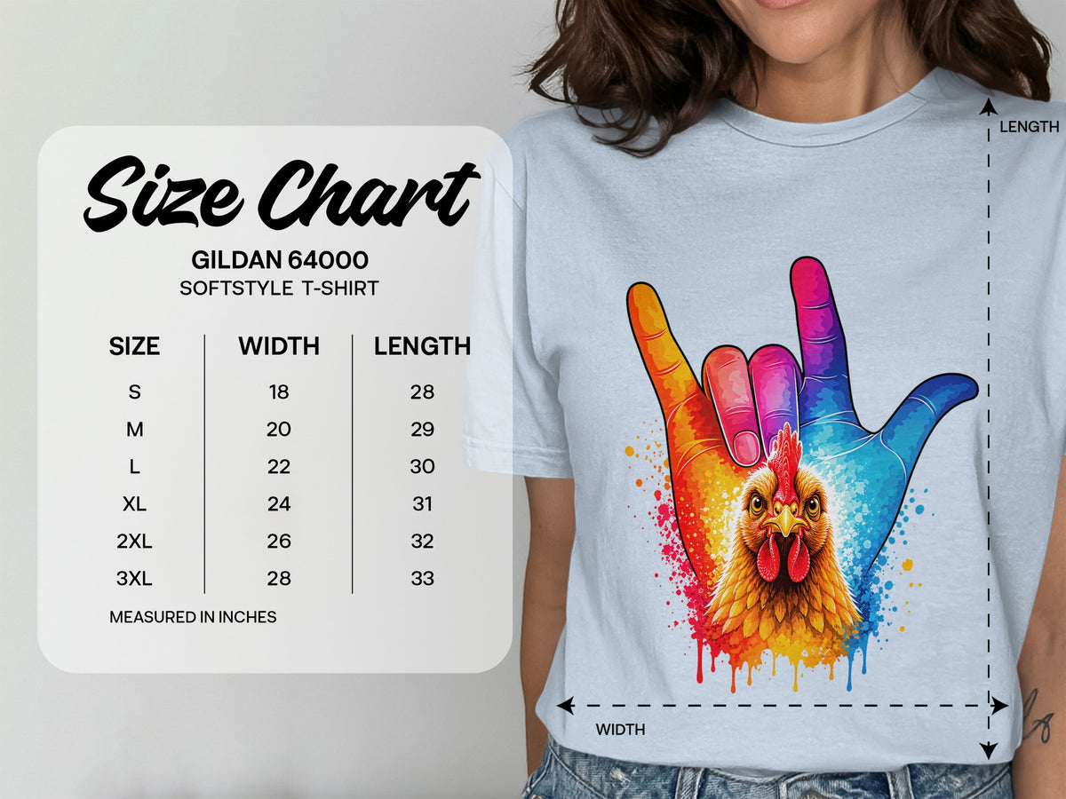 Size chart for Gildan 64000 Softstyle T-shirt with chicken graphic.