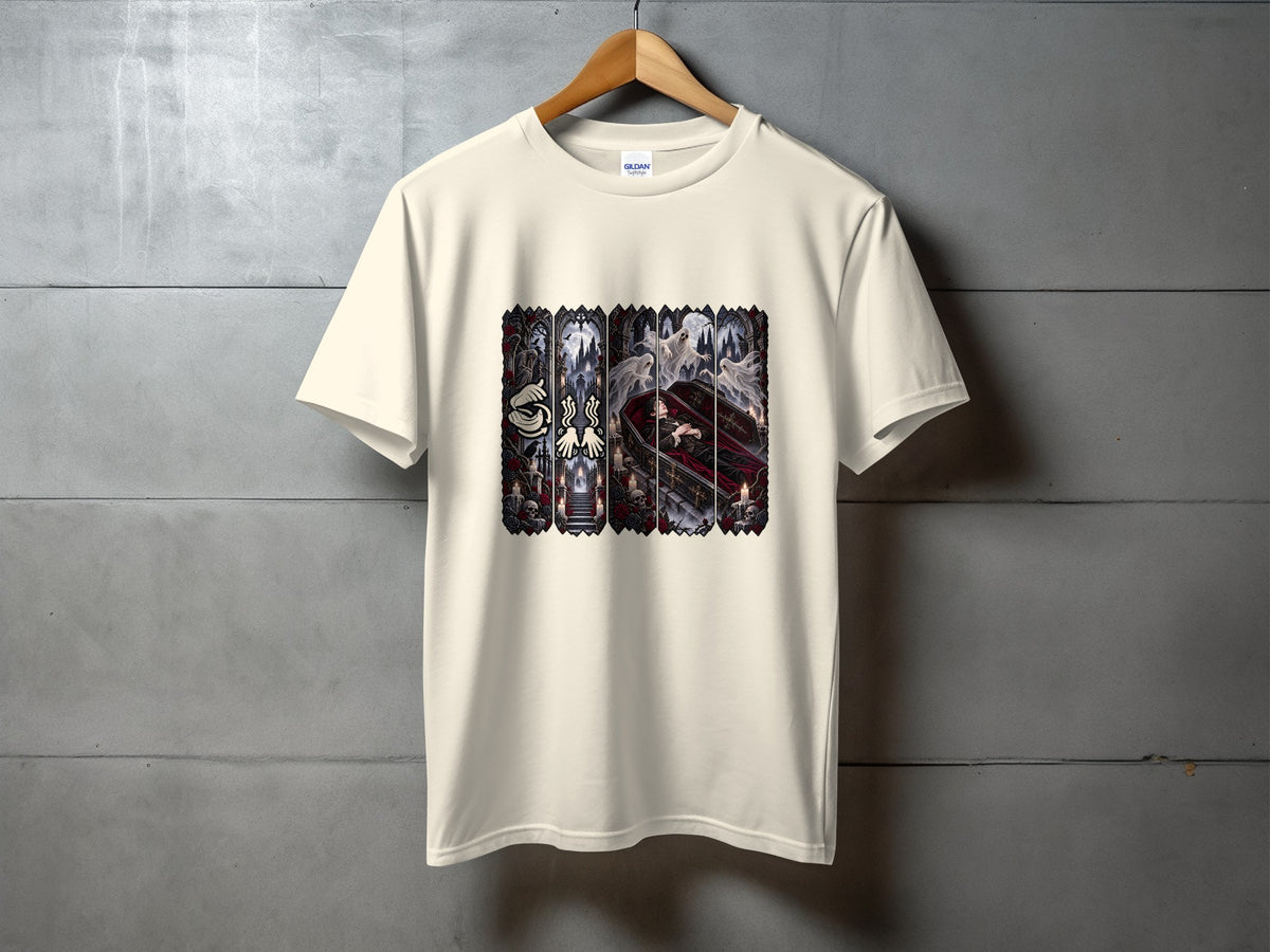 Cream t-shirt with gothic artwork featuring ghosts and a coffin.