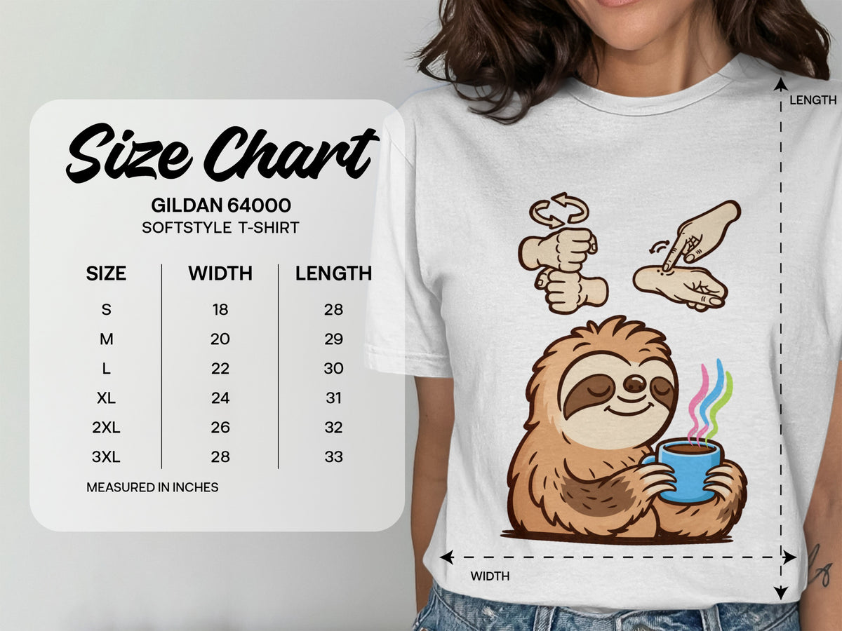 Gildan 64000 Softstyle t-shirt size chart with width and length in inches.