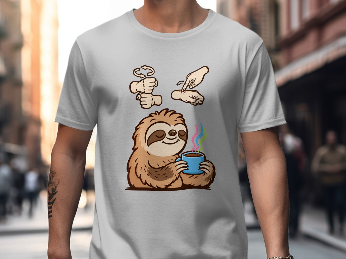 Cartoon sloth holding coffee cup with sign language hands above.