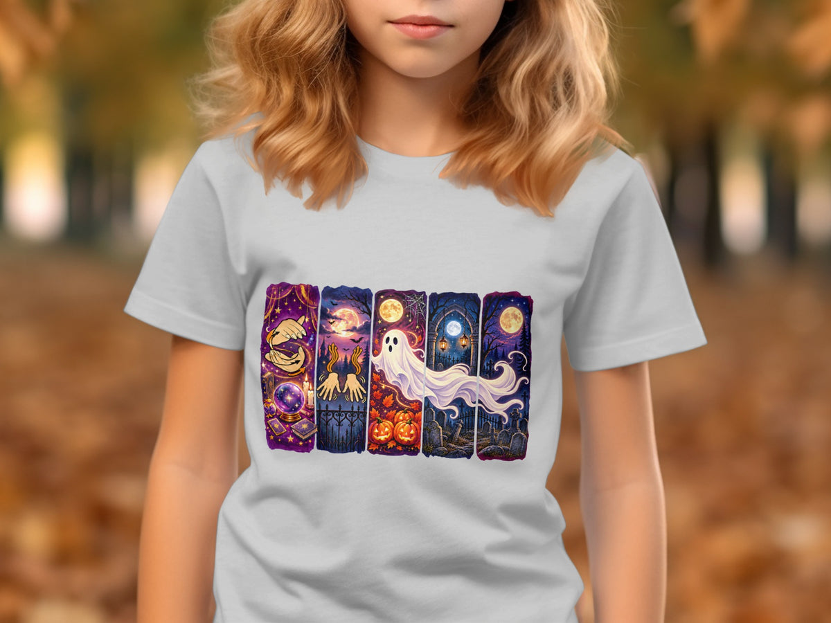 White t-shirt with a Halloween-themed graphic featuring a ghost, pumpkins, and a graveyard.