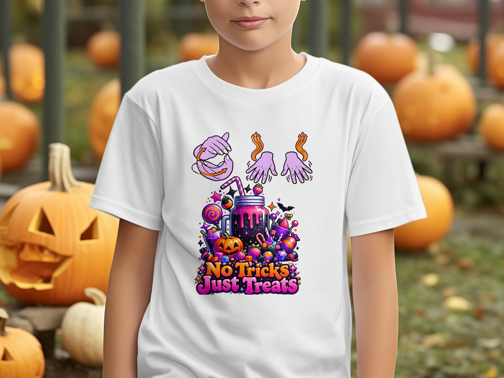 White t-shirt with Halloween graphics featuring a jar of treats and text "No Tricks Just Treats".