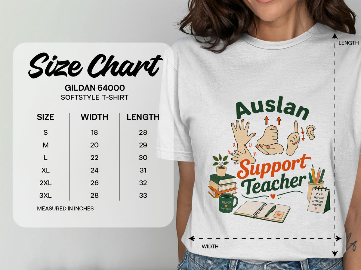 Gildan 64000 softstyle t-shirt size chart with width and length measurements in inches.
