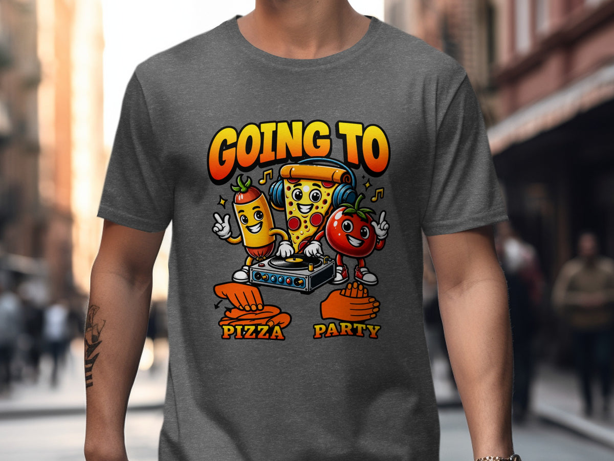 T-shirt graphic with cartoon pizza, hot dog, tomato, and DJ equipment.