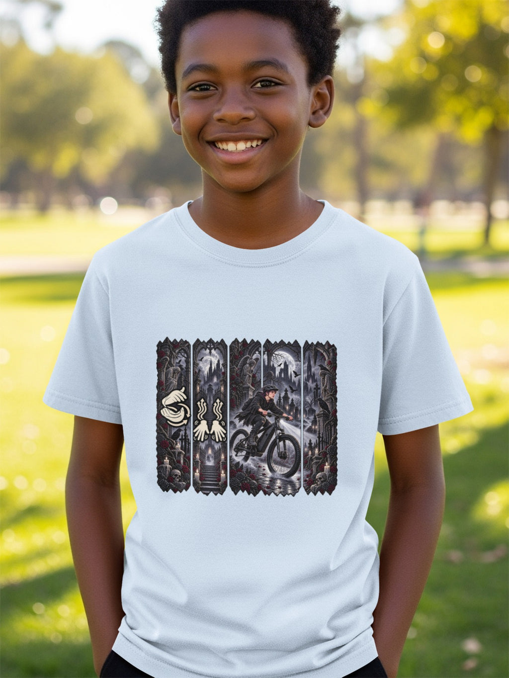 Boy wearing a light blue t-shirt with a gothic art print featuring a person riding a bike.