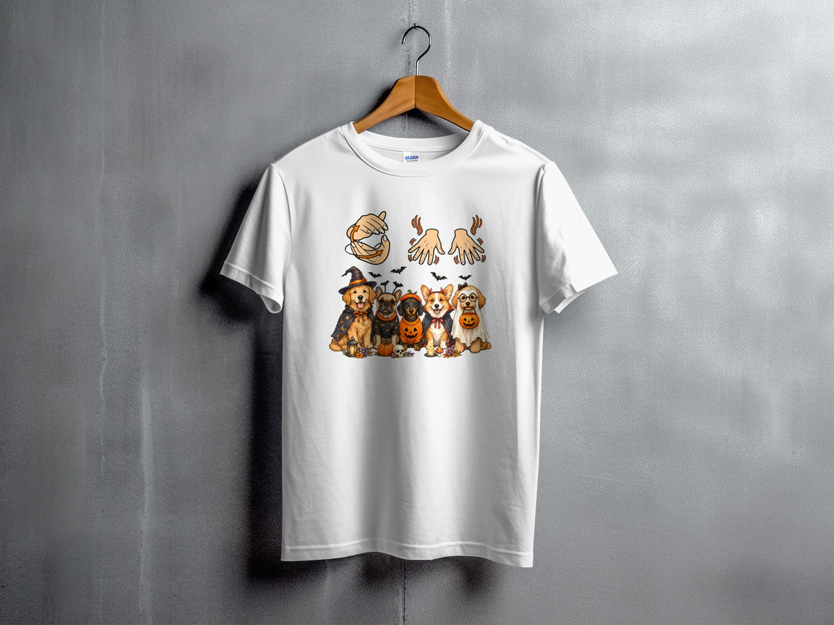 White t-shirt featuring six dogs in Halloween costumes with pumpkins and bats.