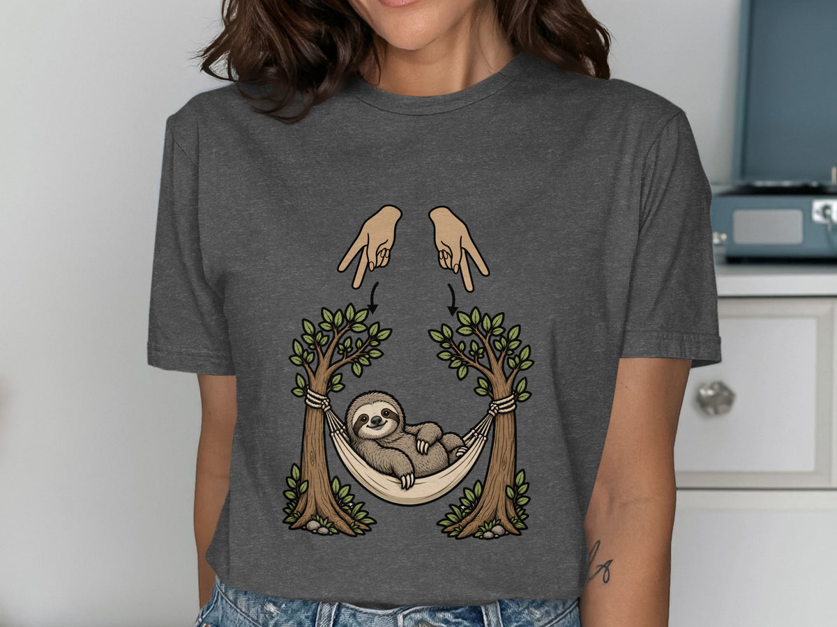 Sloth in hammock between trees, hands making 'M' sign above.