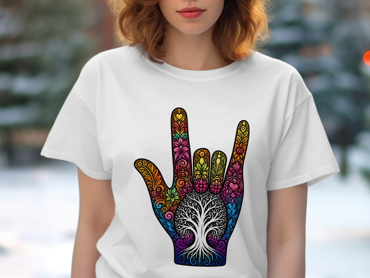 White t-shirt with a colorful hand gesture design featuring a tree of life.
