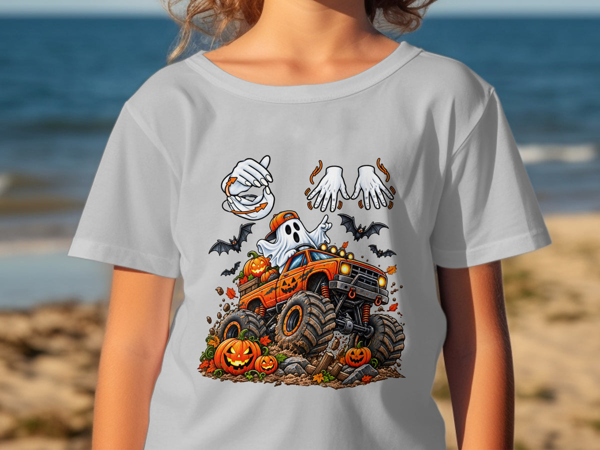 Halloween ghost and pumpkins on monster truck with bats and hands.