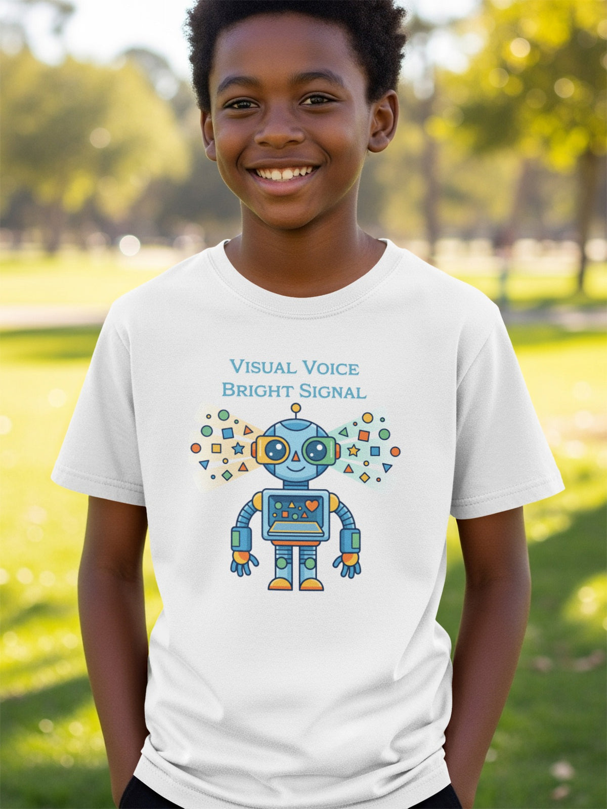White t-shirt with a blue robot graphic and text "Visual Voice Bright Signal".