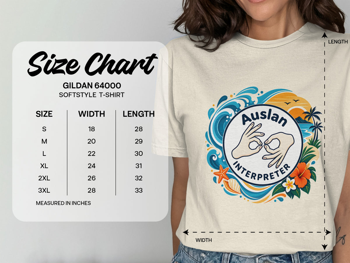 Gildan 64000 softstyle t-shirt size chart with width and length measurements in inches.