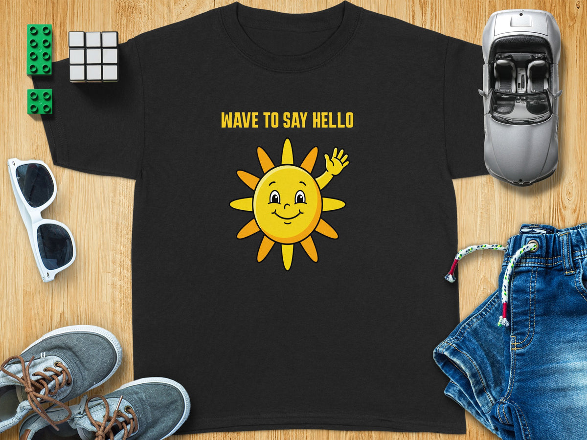 Black t-shirt with yellow text "WAVE TO SAY HELLO" and a smiling sun graphic.