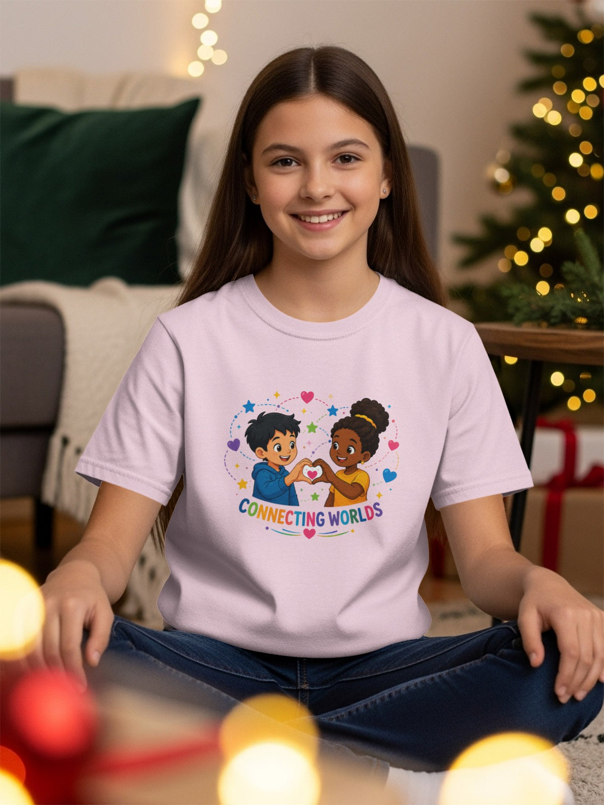 T-shirt with illustration of two children forming a heart, text "CONNECTING WORLDS".