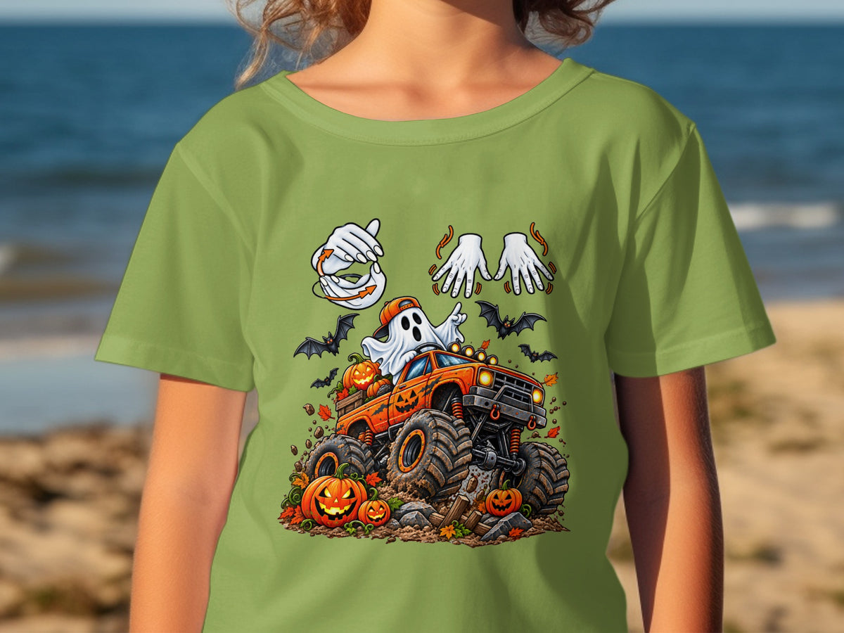 Halloween ghost driving monster truck with pumpkins and bats.