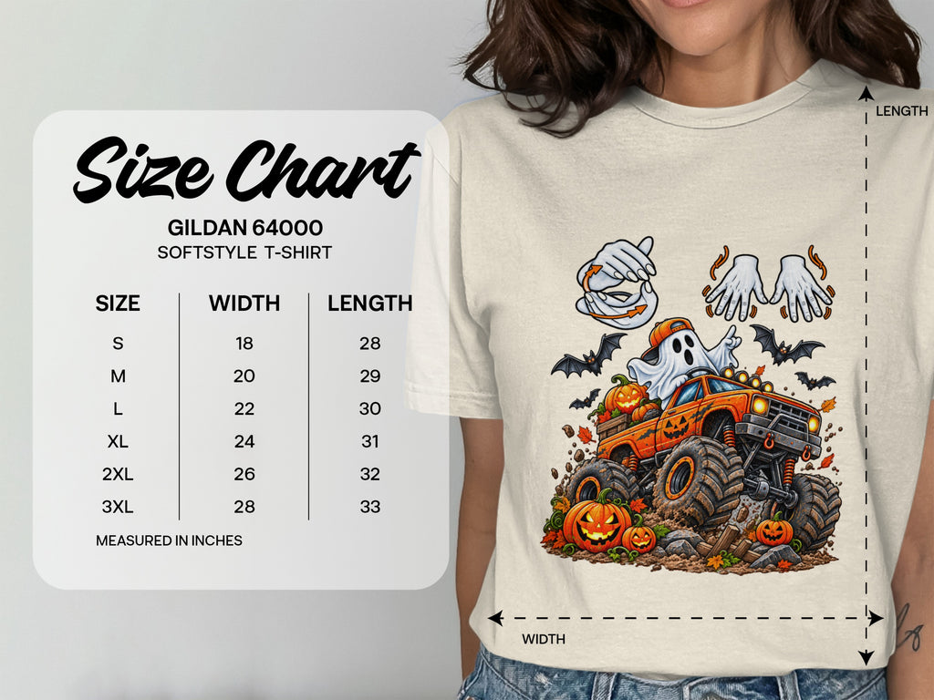 Gildan 64000 size chart with Halloween truck graphic and sizing measurements.