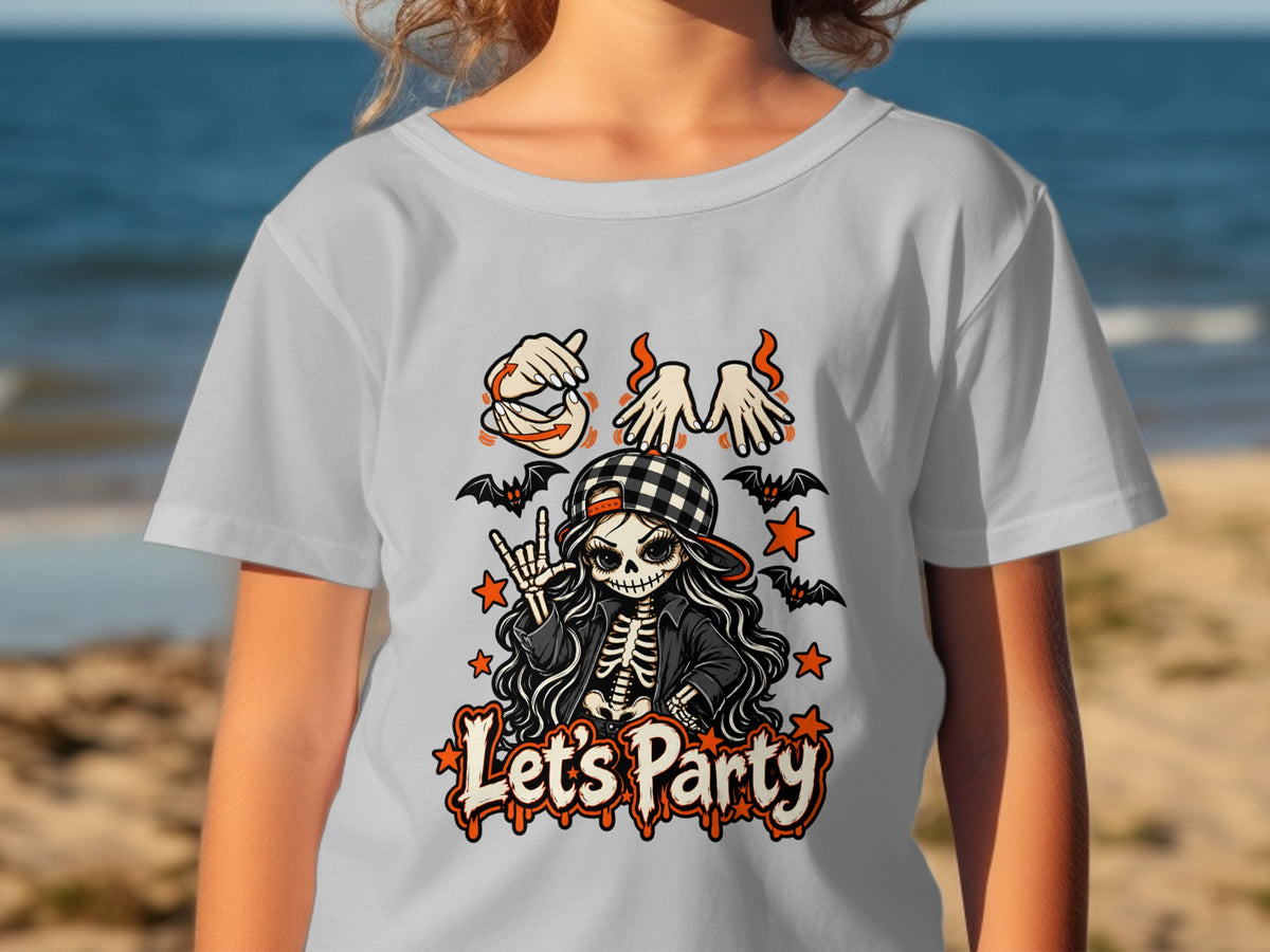 Skeleton girl with hat and jacket saying "Let's Party" with bats and stars.