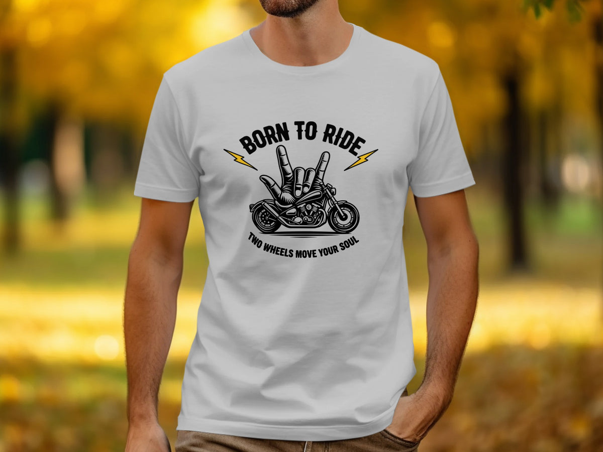 White t-shirt with "Born to Ride" text and a motorcycle graphic.