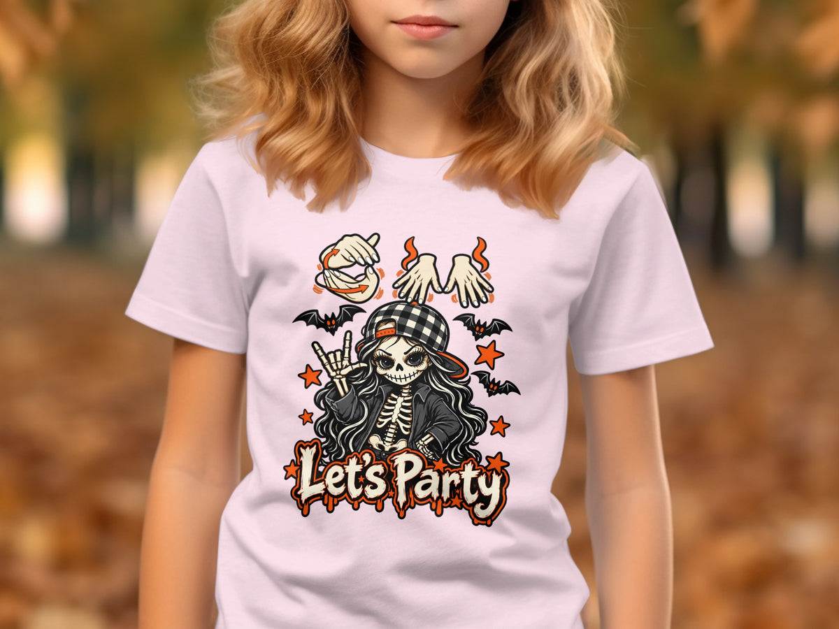 Skeleton graphic on t-shirt with "Let's Party" text and bats.