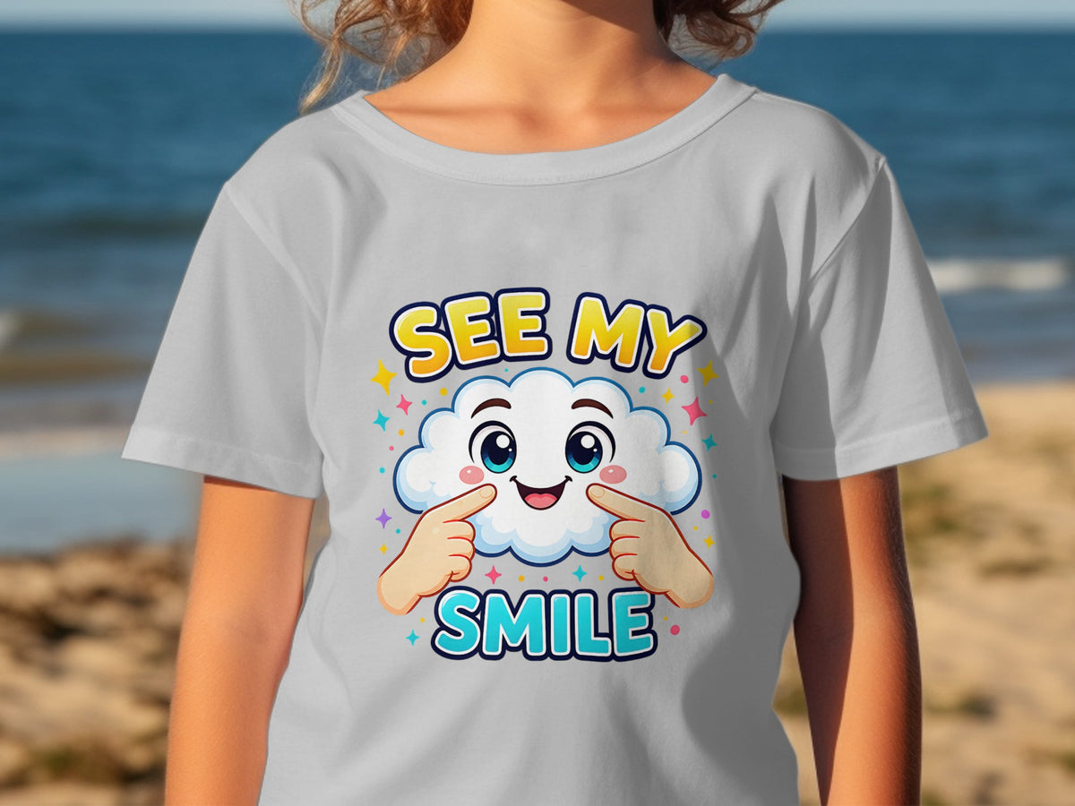 T-shirt with cartoon cloud graphic and text "SEE MY SMILE".