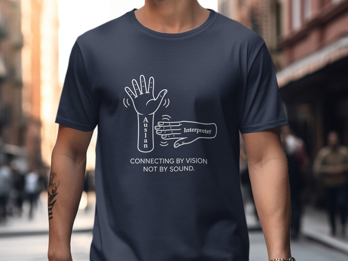 Dark blue t-shirt with white line art of hands, "Auslan", "Interpreter", and text.