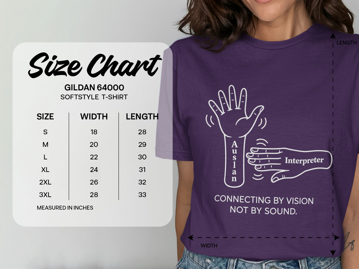 Size chart for Gildan 64000 Softstyle T-shirt with measurements in inches.