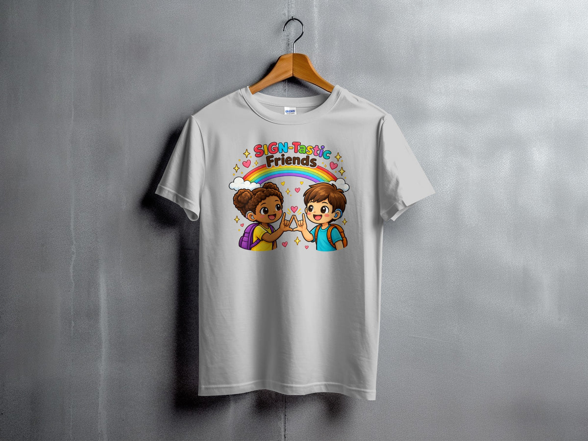 T-shirt with cartoon children and rainbow text "SIGN-Tastic Friends."