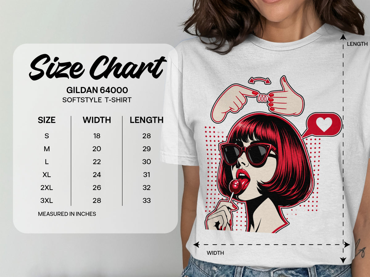 Gildan 64000 Softstyle T-Shirt size chart with width and length measurements.