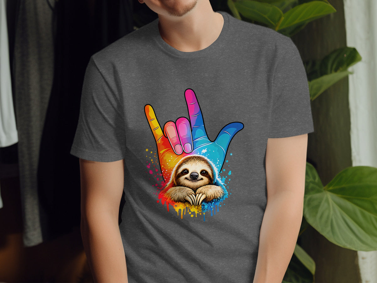 Sloth peeking from rainbow ASL hand sign on a grey t-shirt.