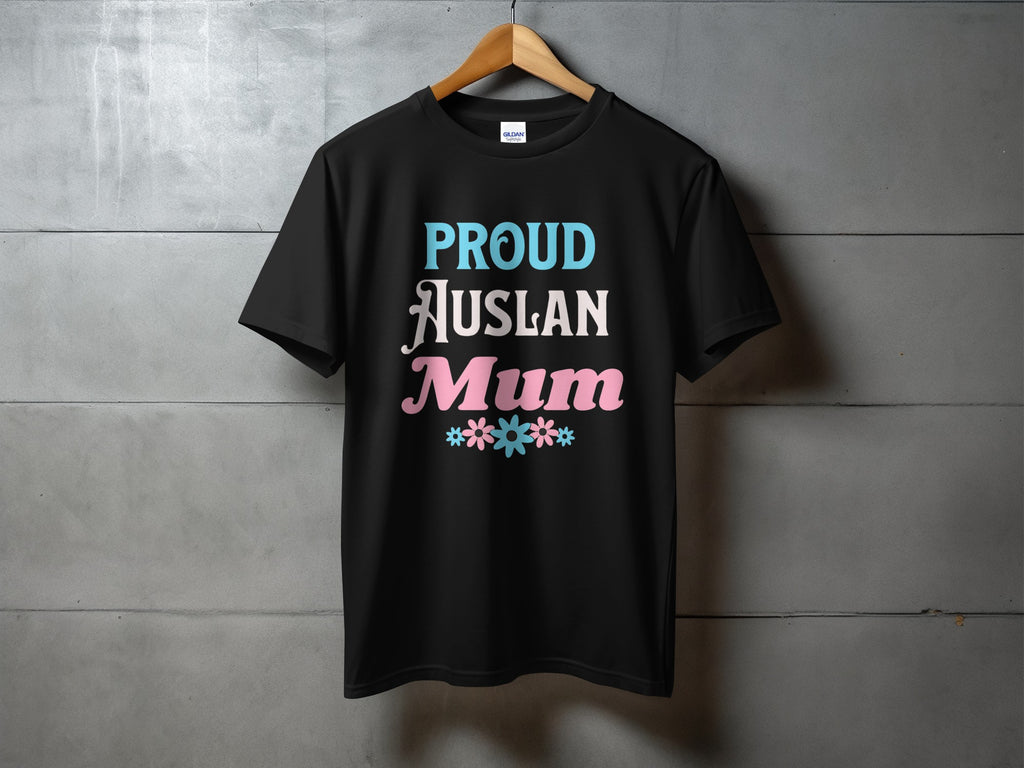 Black t-shirt with "Proud Auslan Mum" text and floral accents.