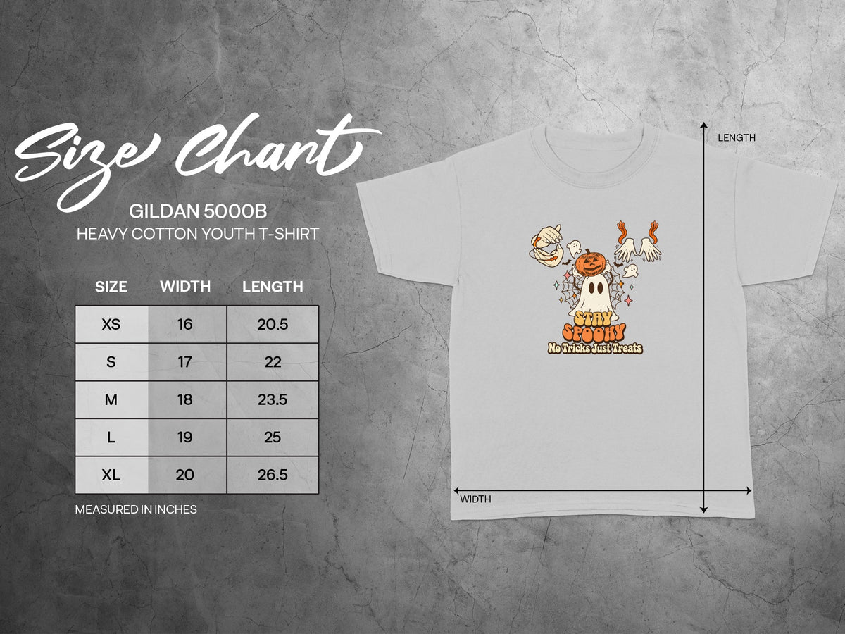 Youth t-shirt size chart with Gildan 5000B, width and length in inches.