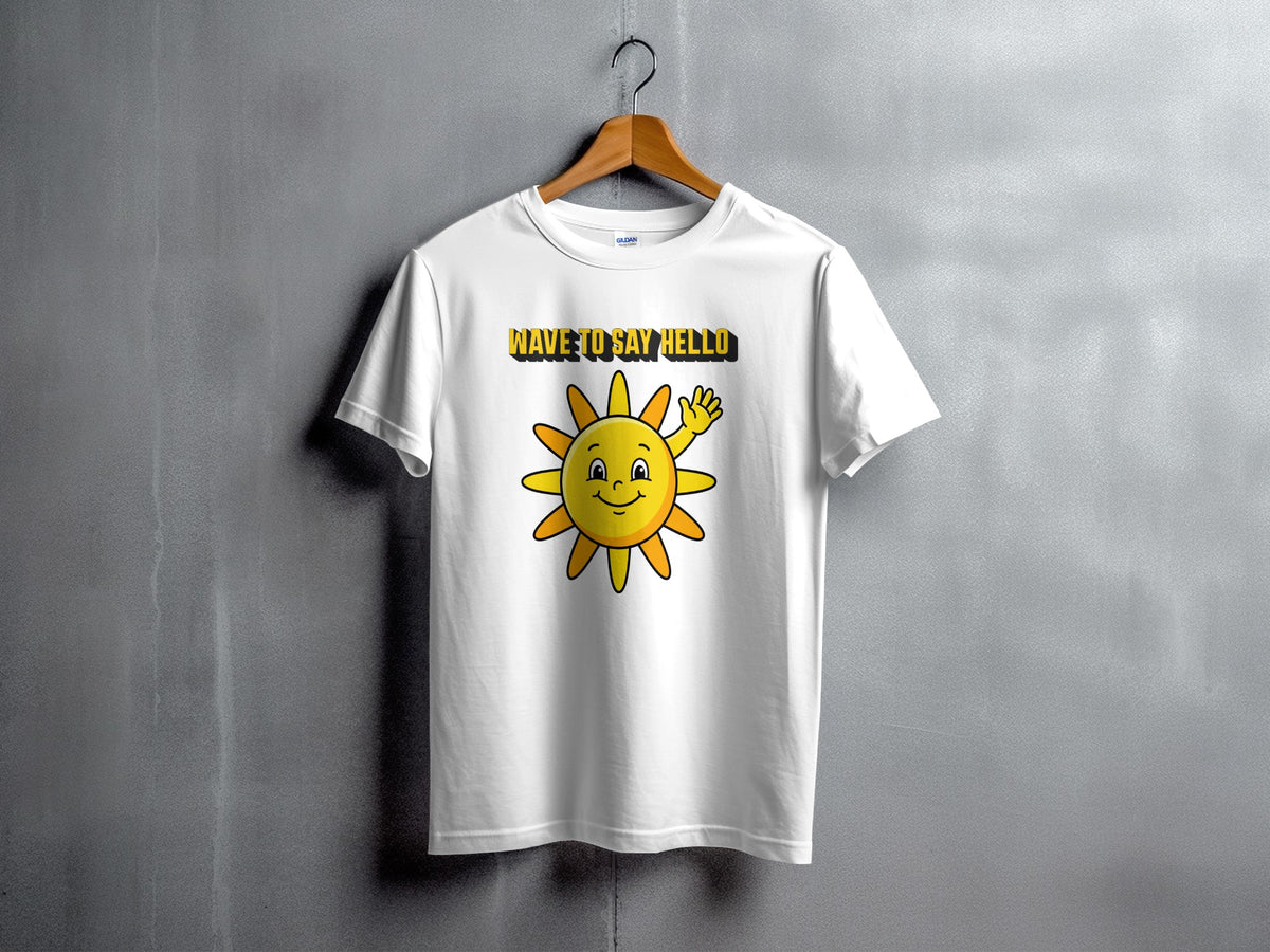 White t-shirt with cartoon sun graphic and text "Wave to Say Hello".