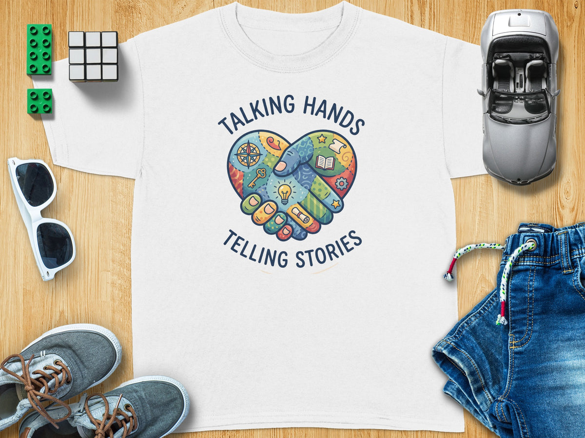 White t-shirt with "Talking Hands Telling Stories" graphic of shaking hands forming a heart.