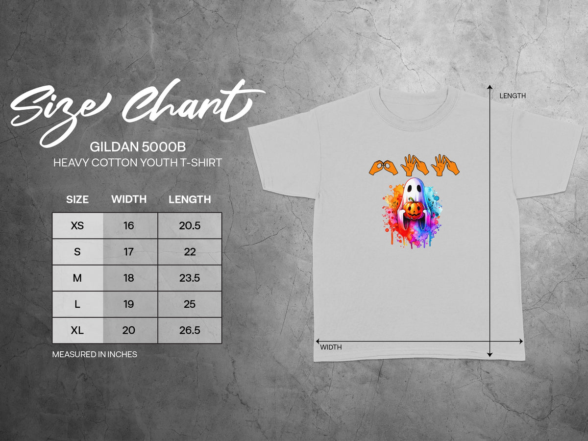 Gildan 5000B youth t-shirt size chart with width and length measurements.