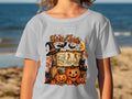 Halloween graphic with pumpkins, black cats, witch hat, bats, moon, and "Trick or Treat" text.