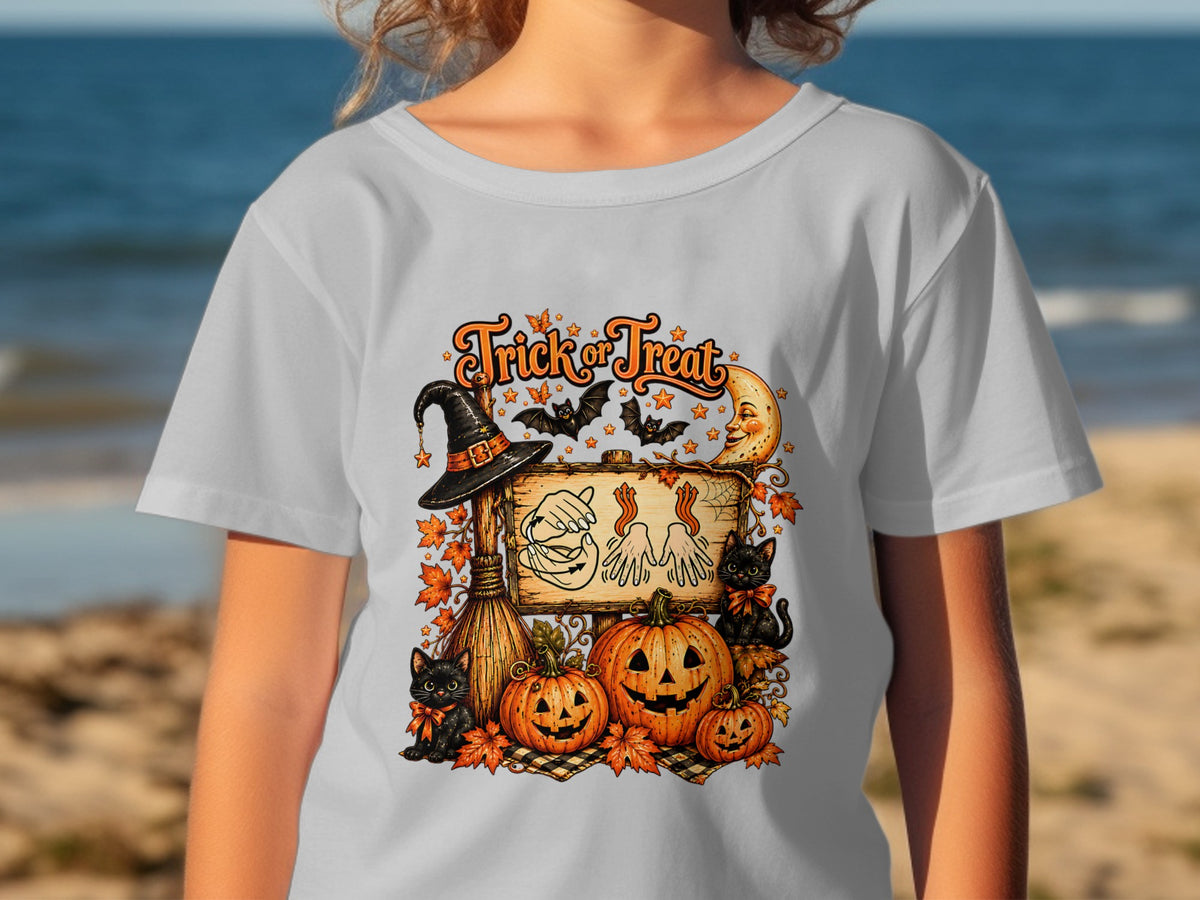 Halloween graphic with pumpkins, black cats, witch hat, bats, moon, and "Trick or Treat" text.