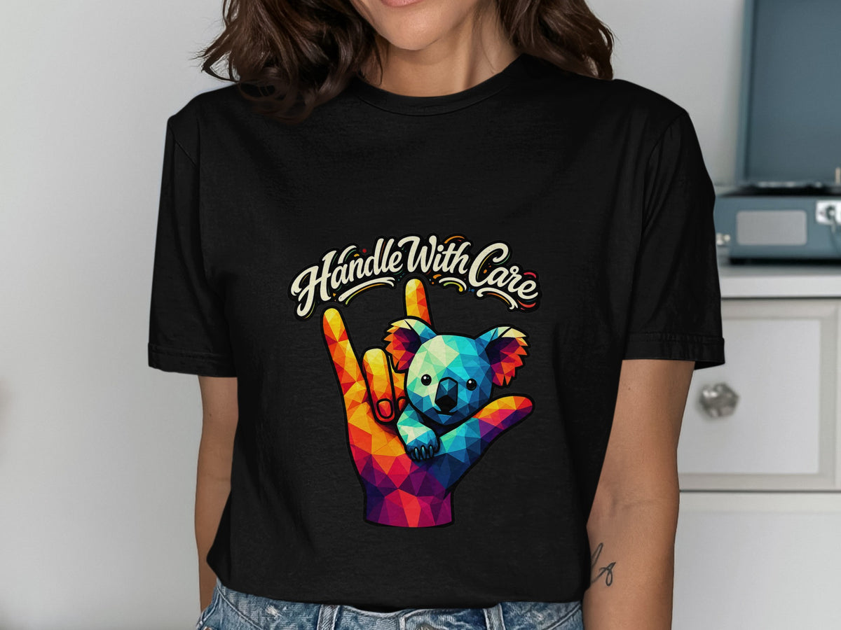 Colorful geometric koala on a hand with "Handle With Care" text.