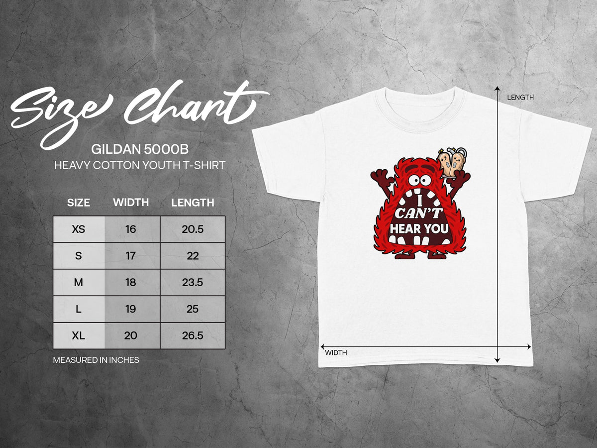 Gildan 5000B youth t-shirt size chart with cartoon monster graphic.
