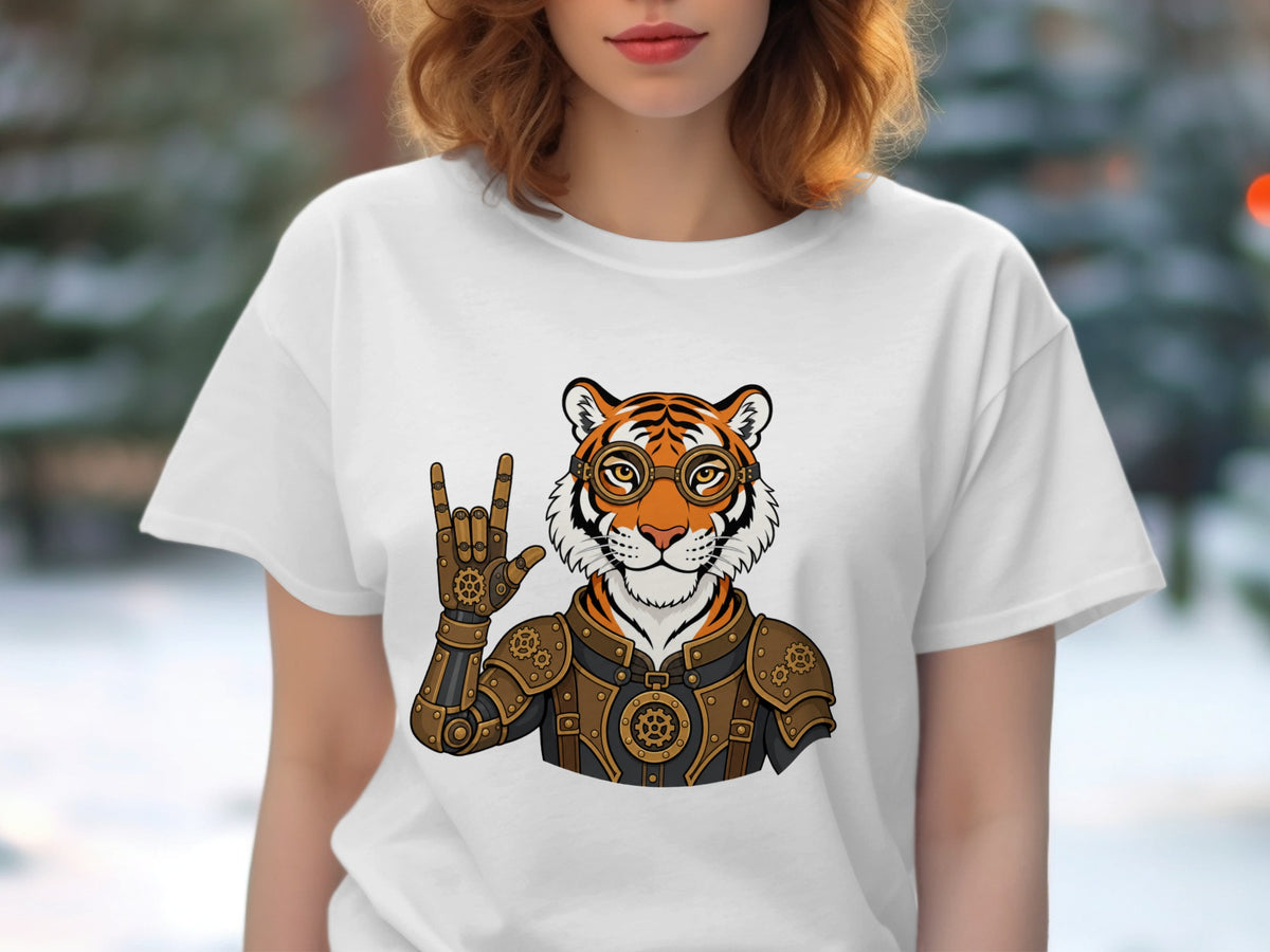 Tiger wearing steampunk gear and goggles, making a rock-on hand gesture.