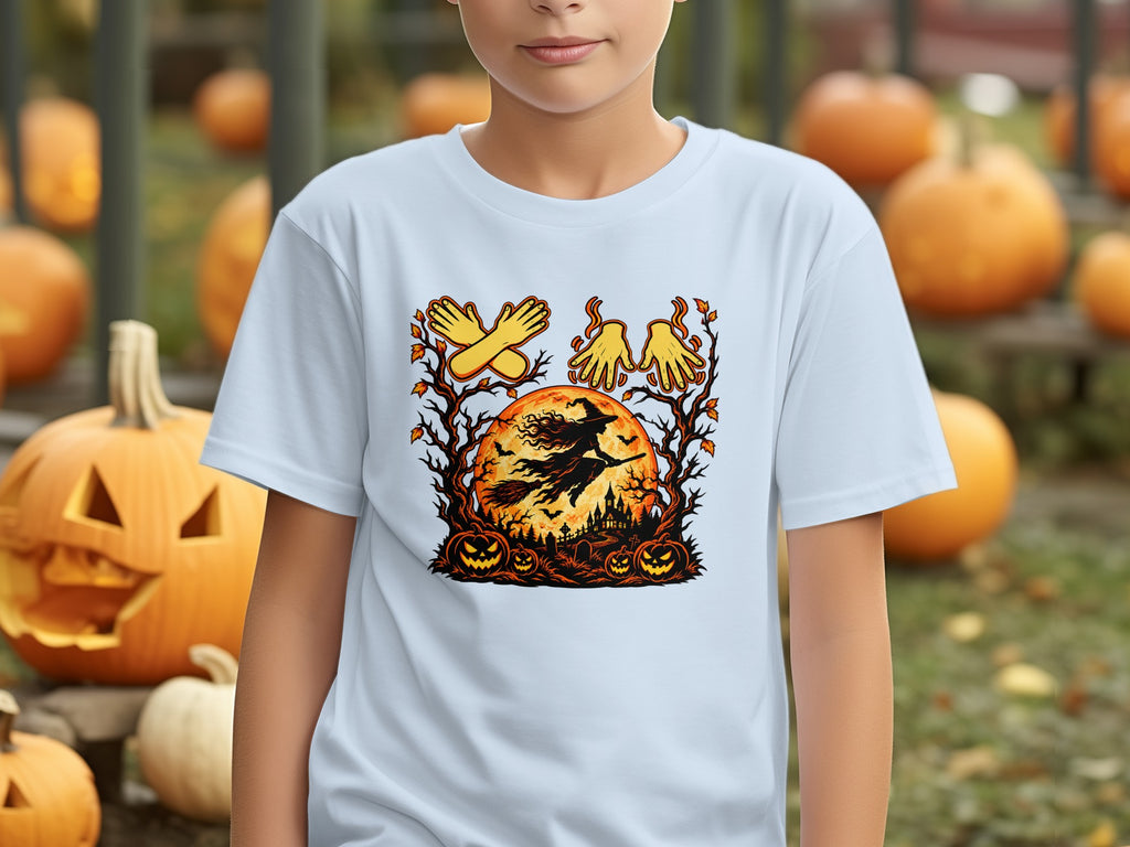 White t-shirt with Halloween graphic featuring a witch, pumpkins, and castle.
