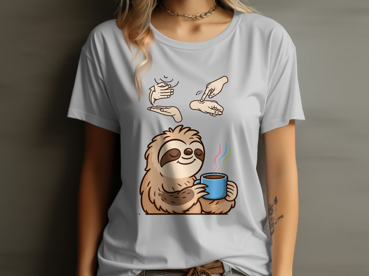 Cartoon sloth holding blue mug with colorful steam; hands and gestures above.