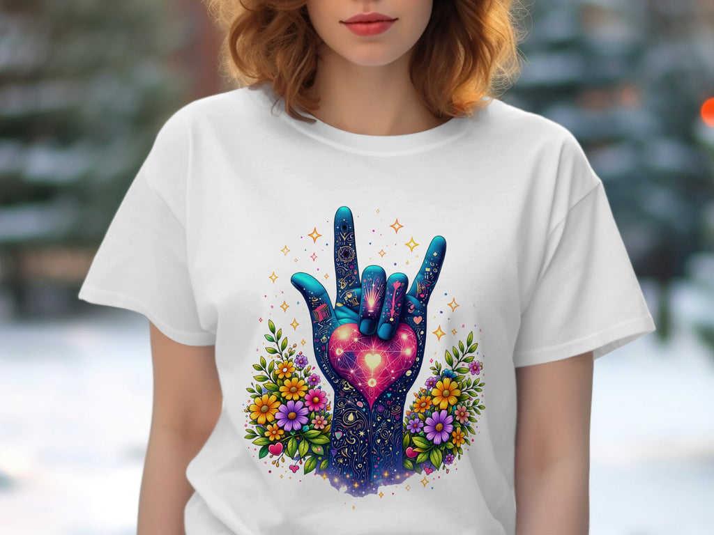 White t-shirt with a blue hand making a rock-on gesture surrounded by flowers and stars.