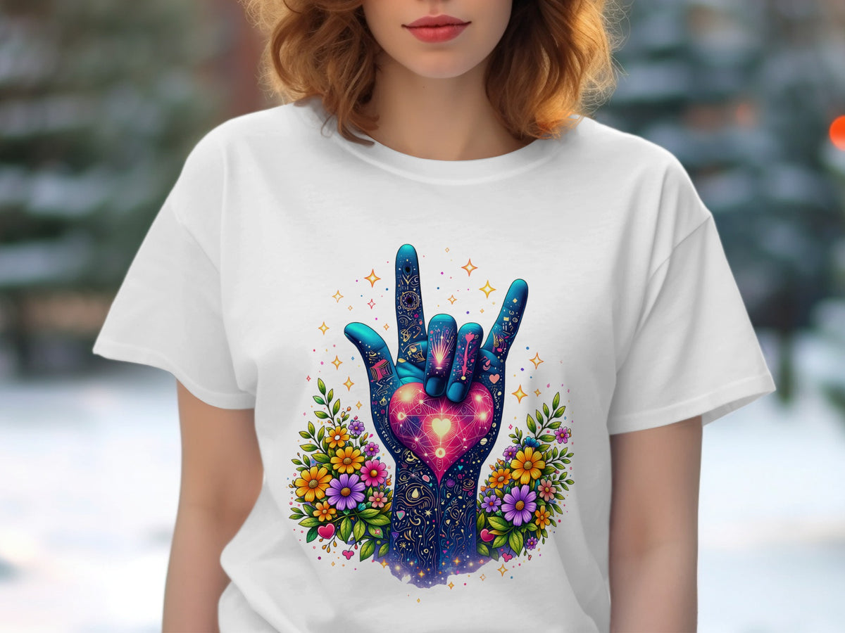 White t-shirt with a blue hand making a rock-on gesture surrounded by flowers and stars.