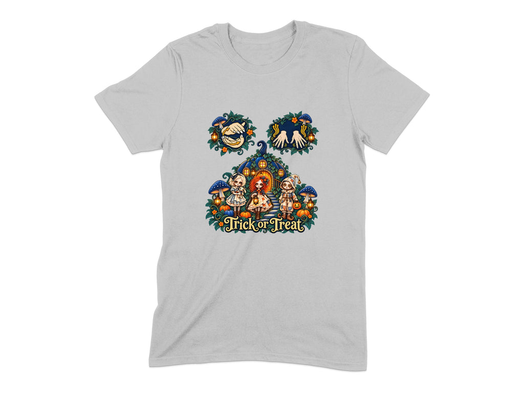 Halloween shirt with a spooky house, trick-or-treaters, and text.