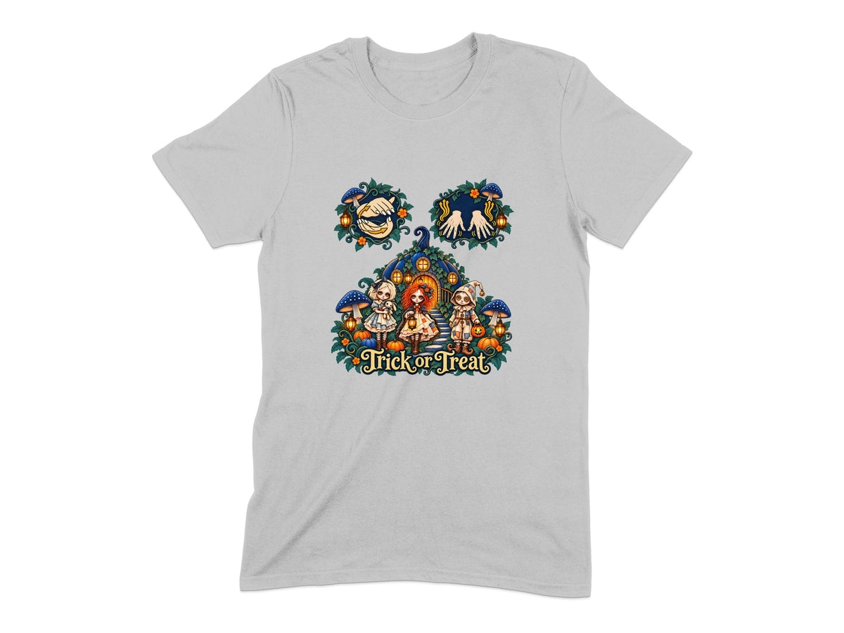 Halloween shirt with a spooky house, trick-or-treaters, and text.