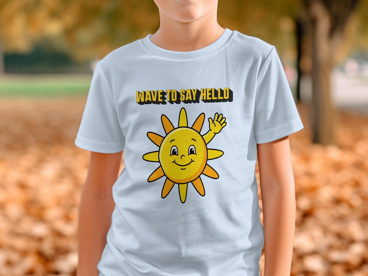 White t-shirt with "WAVE TO SAY HELLO" and a cartoon sun graphic.