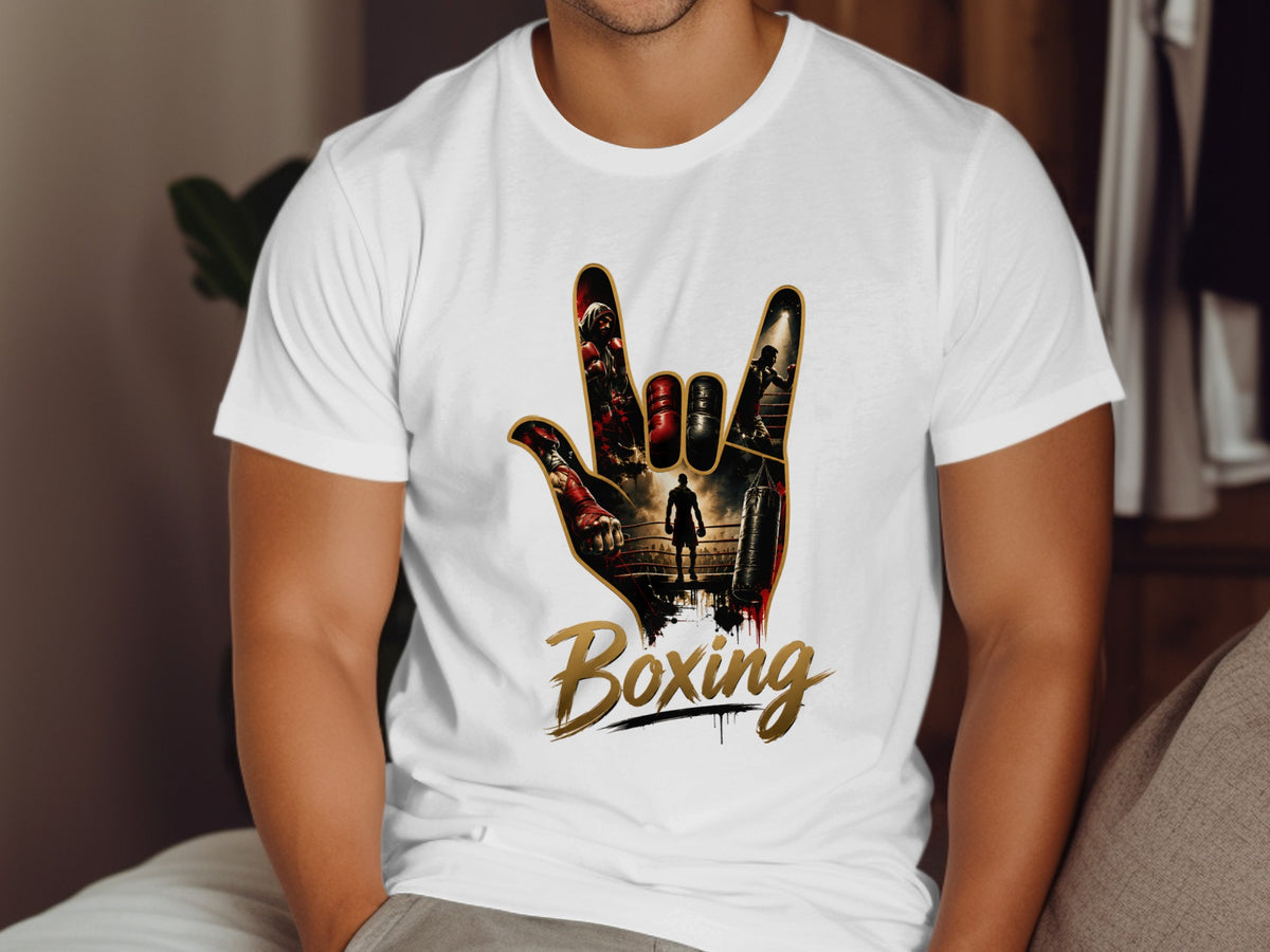 White t-shirt with a boxing graphic shaped like a hand making a rock-on sign.