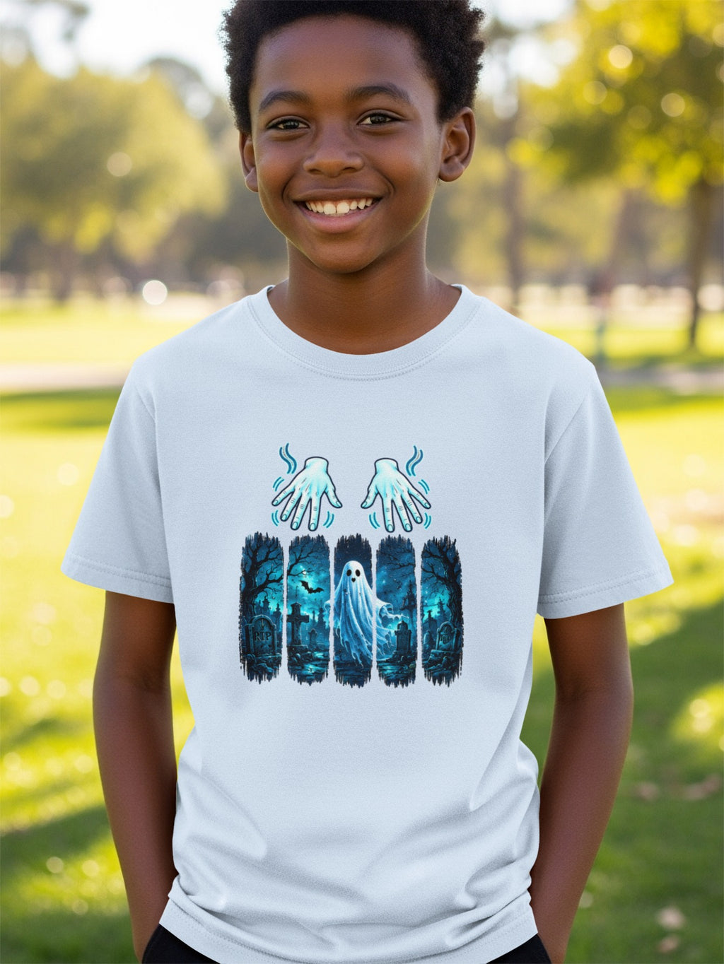 Light blue t-shirt with a graveyard scene and a ghost, framed by spooky hands.